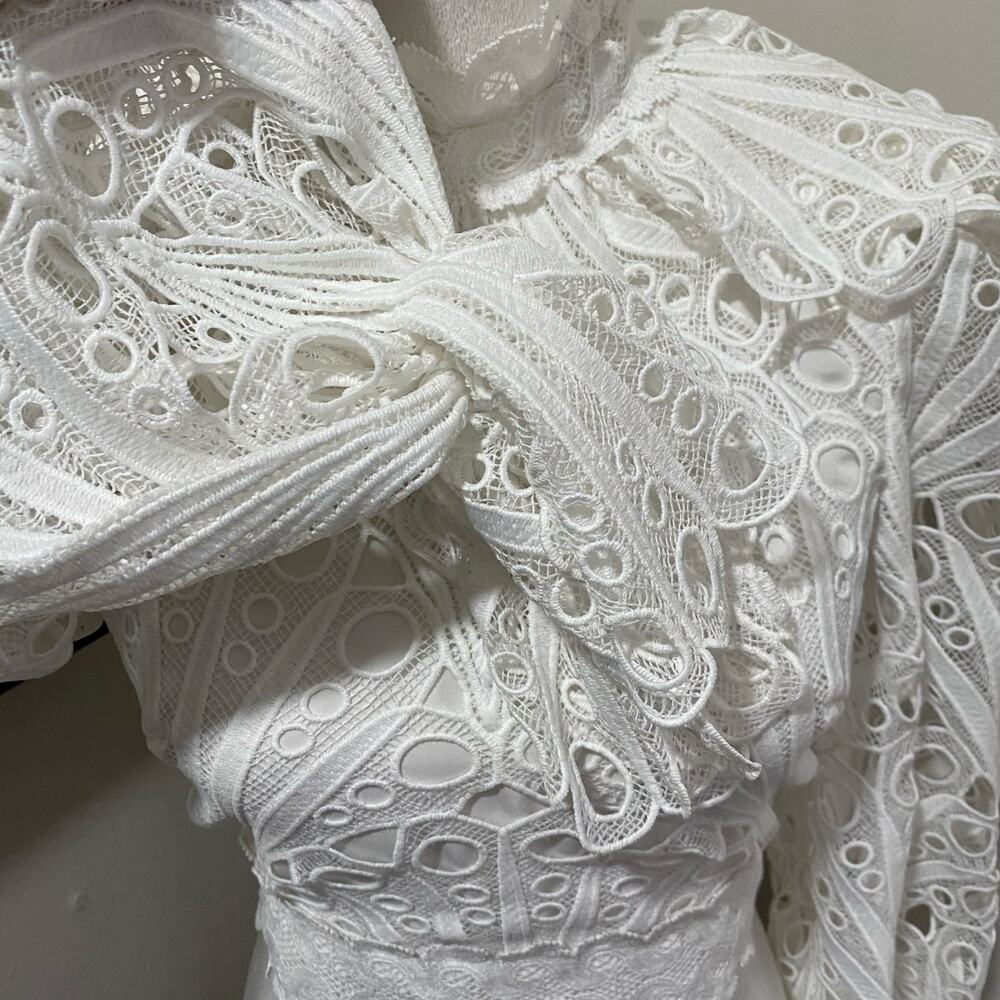 ASOS LUXE Backless Eyelet Ruffle Neck Top Sizes 0 White Lace Long Sleeve - Picture 6 of 13